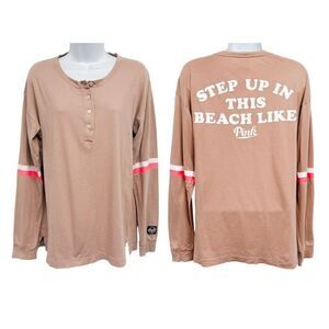 2/$30 PINK Victoria's Secret Y2K Beach Logo Long Sleeve Henley T-shirt Top VS